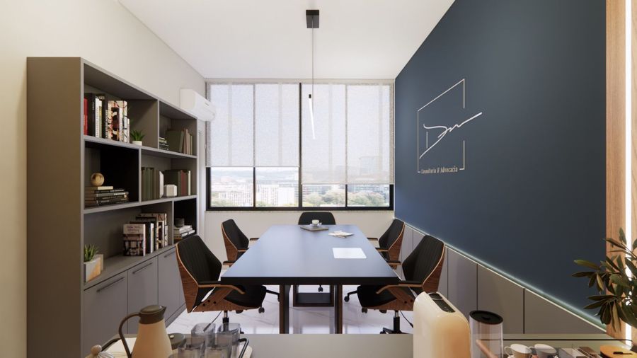 Sala de reuniões com biblioteca