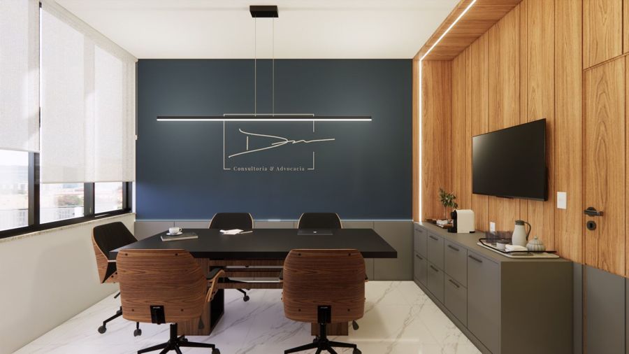 Sala de reuniões com a marca do escritório